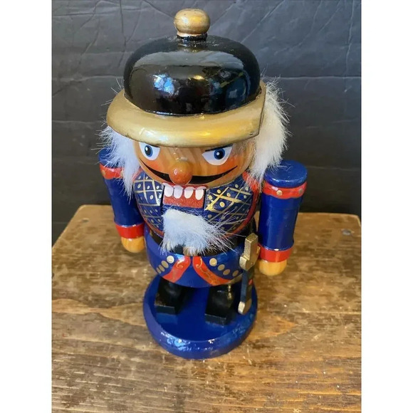 VTG Wooden Royal Palace Guard Nutcracker Soldier with Wood Hat Blue Red Uniform - Picture 3 of 5